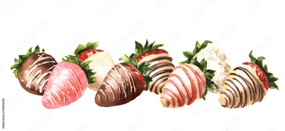 Sweet strawberries in glaze dipped in white and milk chocolate. Hand drawn watercolor illustration, isolated on white background Sweet strawberries in glaze dipped in white and milk chocolate. Hand drawn watercolor illustration, isolated on white background