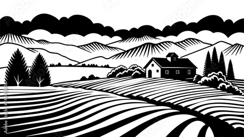 Rural landscape with farm house and fields. Engraving hand drawn vector illustration