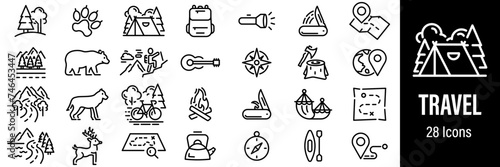 Travel Web Icons. Hiking Camping, Wild Nature, Hunting, Tent, Road Trip. Vector in Line Style Icons photo