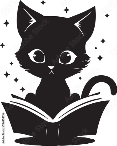 Black cat reading a book