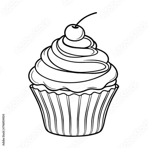 Sweet cupcake vector illustration for coloring book. Hand drawn outline sketch