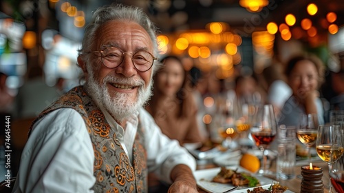 Handsome smiling mature man with grey hair sits at a restaurant table celebrating with friends Or family, surrounded people, Smiling at joyful dining