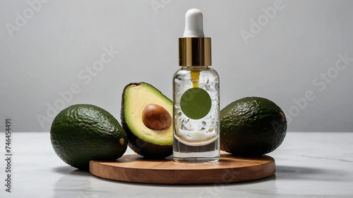 Avocado oil in glass bottle with fresh avocado on white wooden table