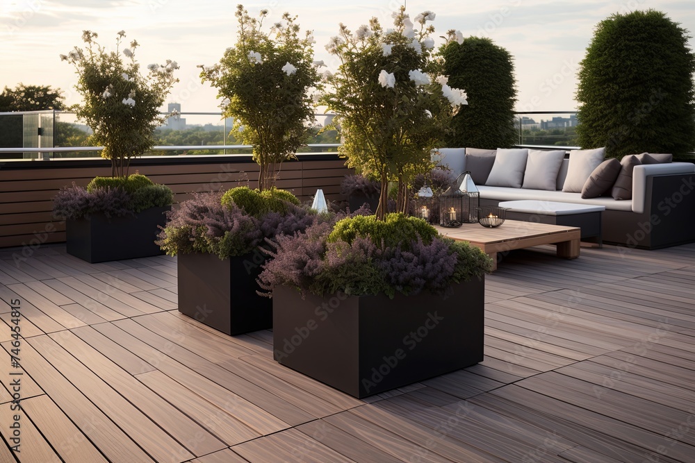 Obraz premium Minimalist Garden Designs: Rooftop Oasis with Modern Planters and Chic Seating