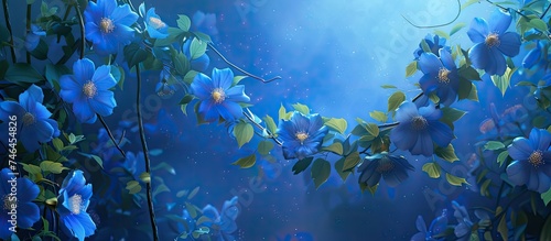 The painting depicts a climbing plant with vibrant blue flowers against a blue background. The flowers are detailed and stand out against the calming blue hues of the backdrop.