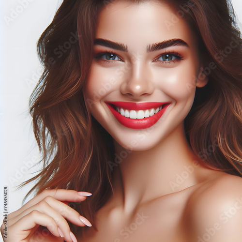 Photo of Beautiful woman face. Perfect toothy smile. Caucasian young girl close up portrait. red lips, skin, teeth. Isolated on white background. Studio shot . happy positive girl