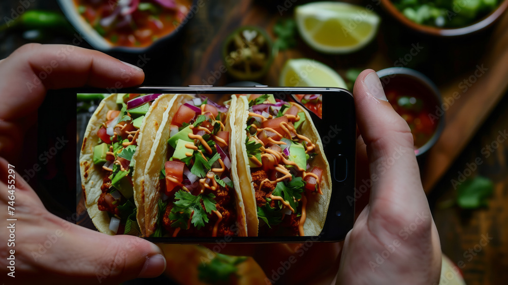 Capturing a photo of tacos using a smartphone Capturing a photo of tacos using a smartphone