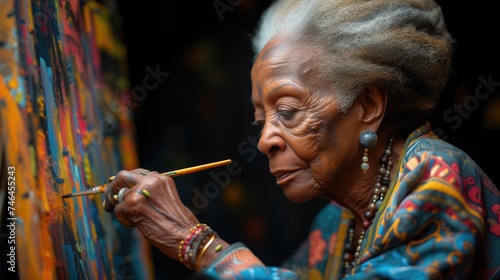 An elder showcases their artistic talents through painting, sculpture, or another form of creative expression, highlighting the vibrant and diverse artistic contributions of black elders