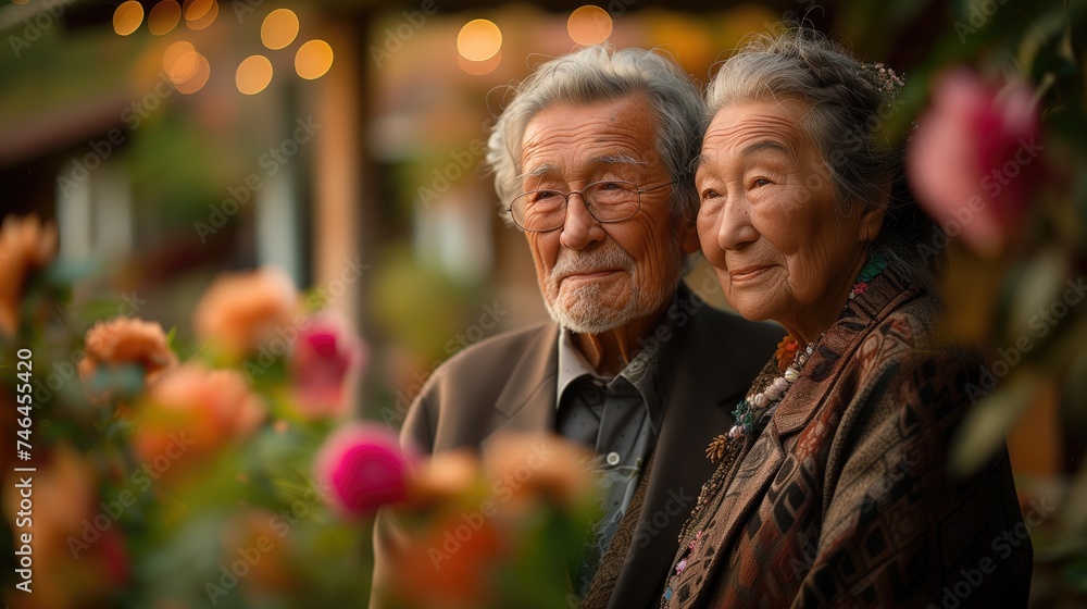An elderly couple stands hand-in-hand in a garden, surrounded by family and friends as they renew their wedding vows. Tears of joy stream down their faces as they reaffirm their commitment