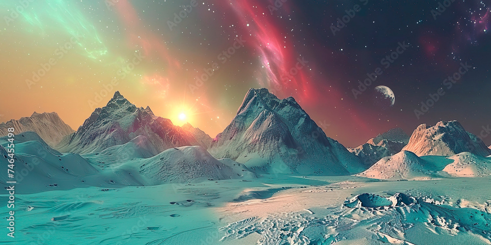 Aurora Borealis over snowy mountain landscape