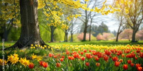 Beautiful flower garden with green tree at springtime 