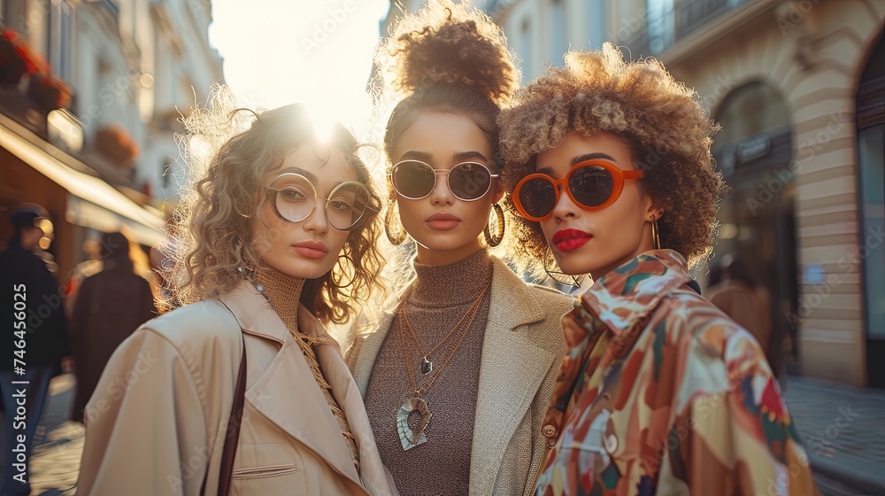 Stylish women in trendy coats and sunglasses standing outdoors, chic beige clothes, on city street at fashion week, sunset lighting