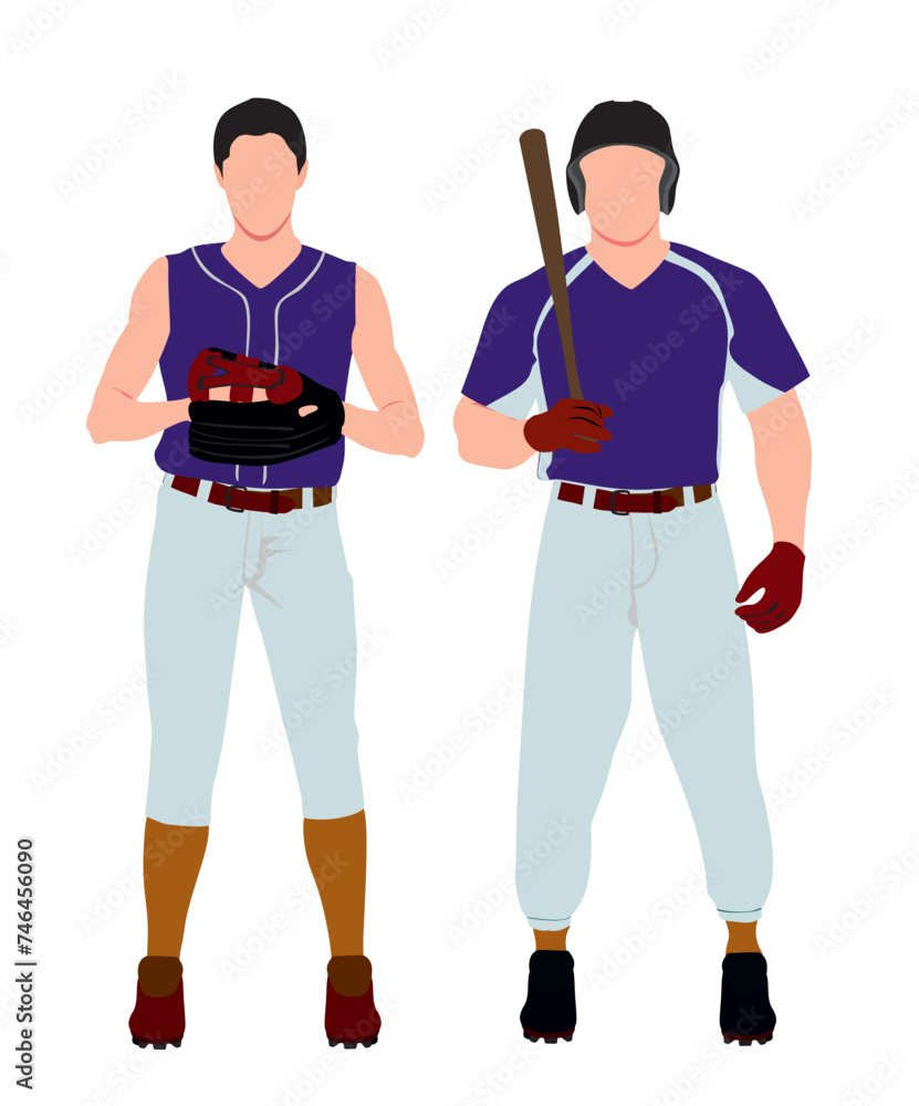 Male and female baseball player. Realistic pair of male and female baseball player in isolated white background. Male and female baseball player. Realistic pair of male and female baseball player in isolated white background.