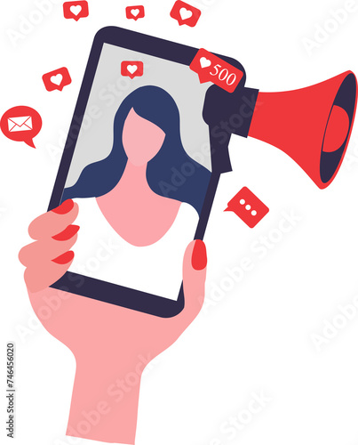 Woman shouting in loud speaker with social media icons. Influencer social media marketing, vlogger, youtuber, social influencer and influencer marketing concept 