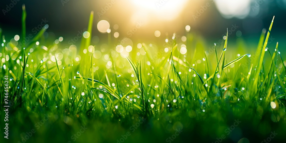Lush lush green grass in a meadow on a spring morning, where the sun illuminates the green fields and drops of dew glisten on the grass. Generative AI