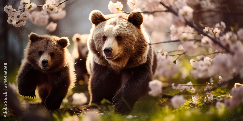 spring walk of bears among blossoming trees. Generative AI - obrazy, fototapety, plakaty 
