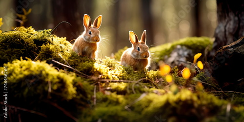 beautiful spring forest where hares play and welcome spring. Generative AI photo