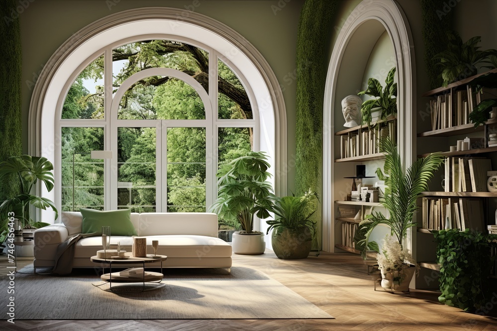 Atrium-Inspired Living Room Ideas: Green View Through Arch Doorway