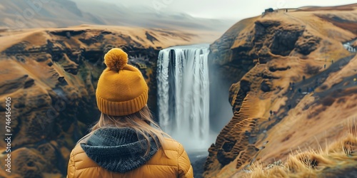 Backpacker woman looking at waterfall, nature scenery, waterfall landscape
