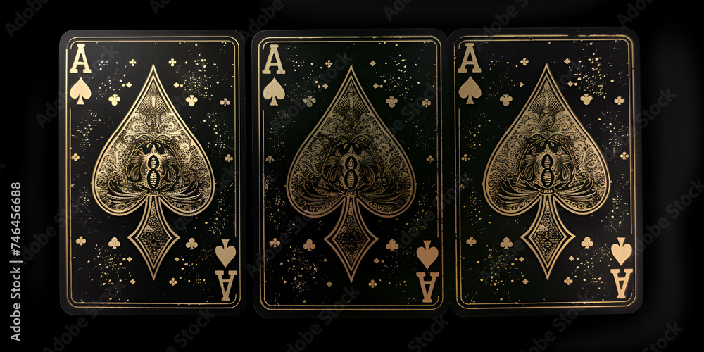 three playing card Featuring a Royal Flush Gold ornaments on black background A fan of playing cards consisting of four black and golden Ace of Spades Diamonds Clubs Hearts. - obrazy, fototapety, plakaty 