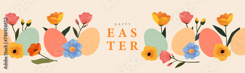 Happy Easter banner. Trendy Easter design with border frame made of eggs and spring flowers in pastel colors on light peach background. Modern art style. Horizontal poster, greeting card, web header