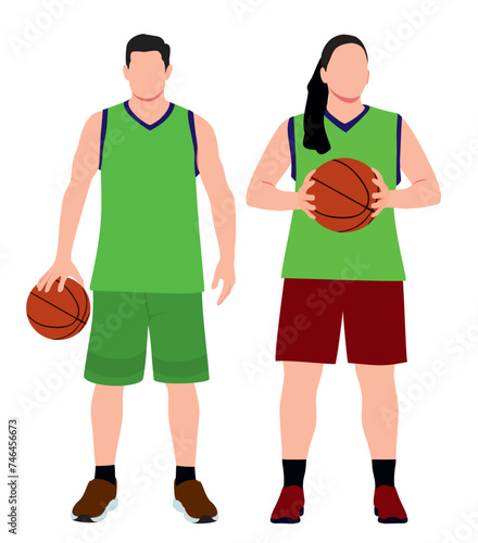 Male and female basketball player. Realistic pair of male and female basketball athletes in isolated white background. 