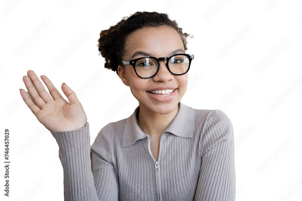 A smiling woman in a positive mood, wearing glasses, looks at the camera while making a greeting gesture. The background is transparent and isolated.
A smiling woman in a positive mood, wearing glasses, looks at the camera while making a greeting gesture. The background is transparent and isolated.