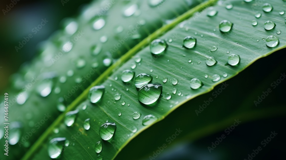 Exploring reflectivity of water droplets on leaf in blurred background with space for text Exploring reflectivity of water droplets on leaf in blurred background with space for text