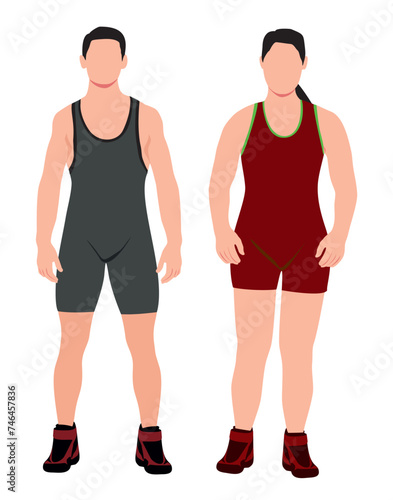 Male and female freestyle wrestler. Realistic pair of male and female freestyle wrestler in isolated white background. 
