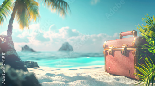 Vintage suitcase on the beach with palm trees. Summer vacation concept.