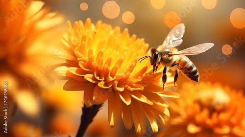Close-up of bee collecting nectar and pollen from flower with blurred background and space for text
