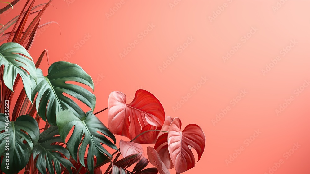 Philodendron tropical leaves on coral color background minimal summer Generative AI