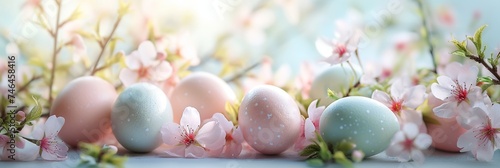 A panoramic display of pastel-colored Easter eggs nestled among delicate cherry blossoms  capturing the essence of spring with a soft  ethereal glow