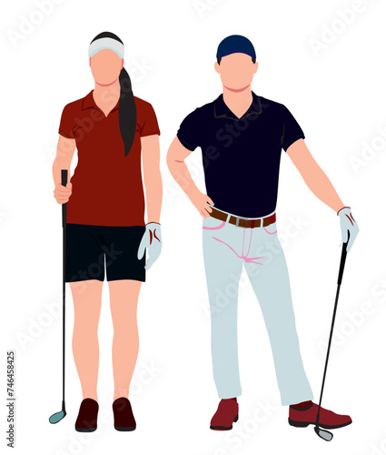 Male and female golfer. Realistic pair of male and female golfer in isolated white background. 