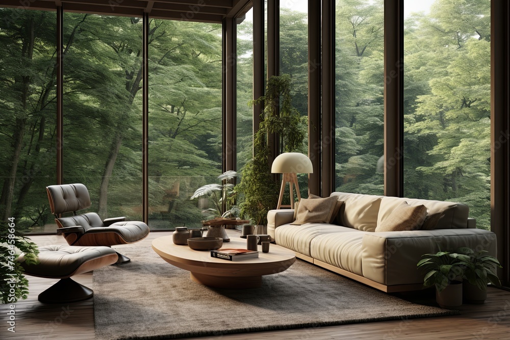 Biophilic Living Room: Nature Views Through Floor-to-Ceiling Windows Biophilic Living Room: Nature Views Through Floor-to-Ceiling Windows