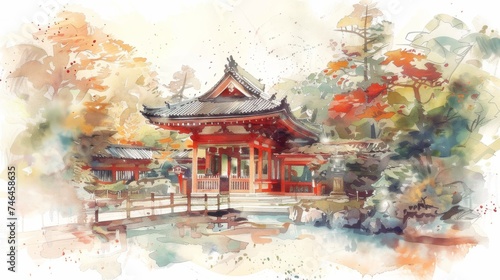 A watercolor Zen sanctuary, its red structure standing vibrant among the soft watercolor washes of autumn leaves