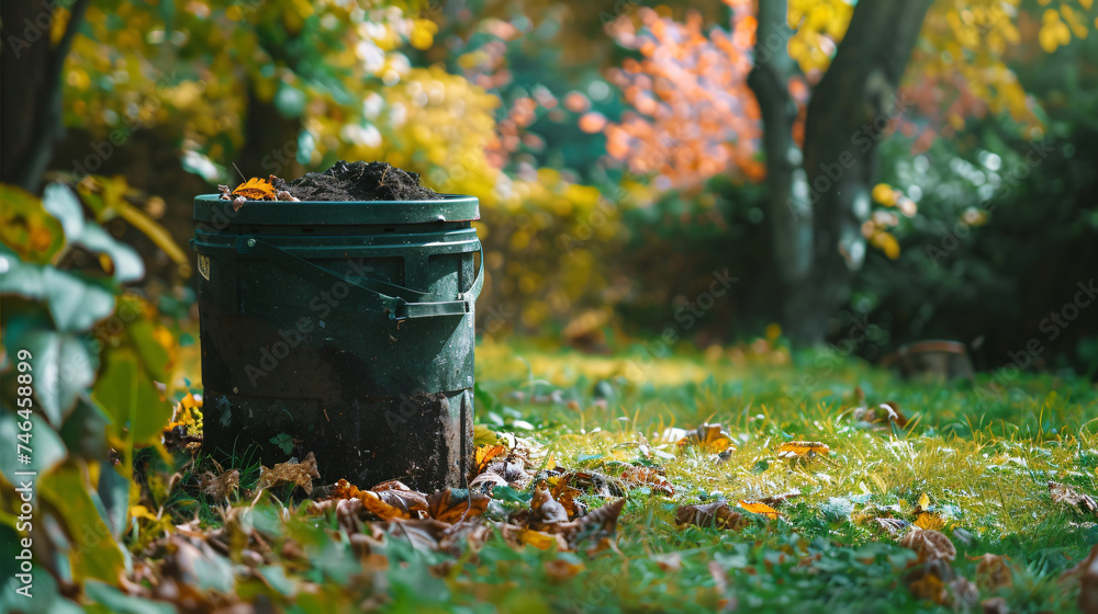 Compost bin on green grass background.
