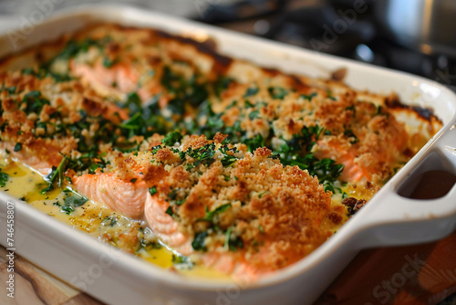 Baked Salmon Casserole with Herbs and Cheese Crust