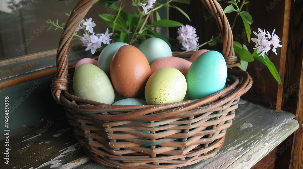 Easter eggs in a basket. Spring Christian holiday and its symbol krashanka