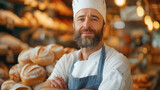 Confident Male Baker in Apron, Artisan Bread Background, Professional Cook