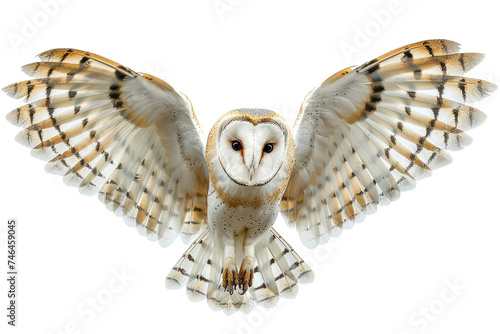 A barn owl gracefully gliding through the air, its outstretched wings showcasing the intricate details of its feathers.