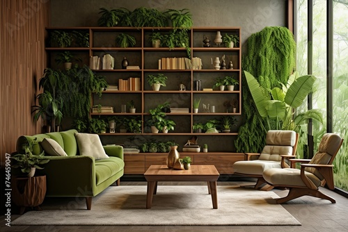 Green Wall Plants and Wooden Furniture: Biophilic Living Room Concepts