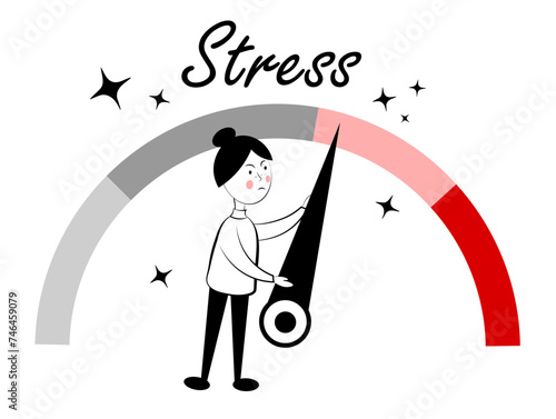 Woman and stress scale on white background