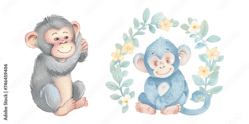 cute chimpanzee soft watercolour vector illustration