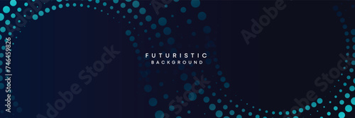 Dark blue digital technology banner gradient web background. Blue abstract waving lines and halftone circles frame glowing geometric diagonal pattern business background for brochure, cover, header