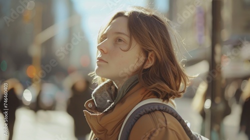 Thoughtful Young Woman in Urban Winter Scene 