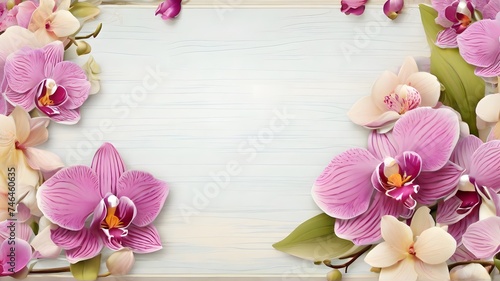Orchid flowers on wooden background. Top view with copy space