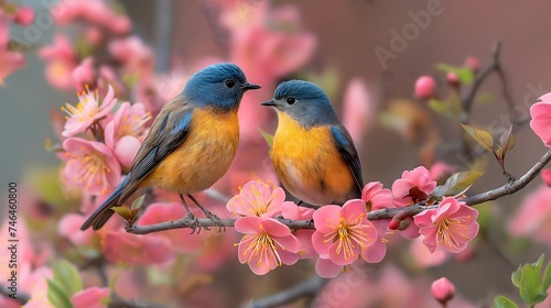 Vibrant Blue and Orange Birds Perched on Blossoming Branch in Spring 