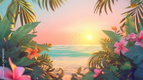 Illustration of tropical island with palm trees and flowers at sunset. Summer vacation concept.