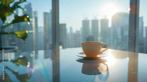 Cup of coffee and shadow on glass table.